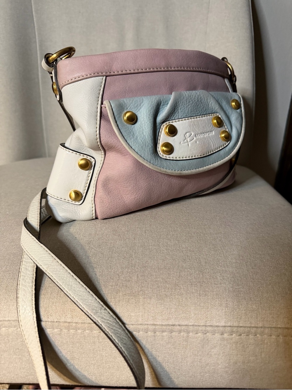 b. makowsky Pastel Leather Crossbody in Pink, White & Pale Blue